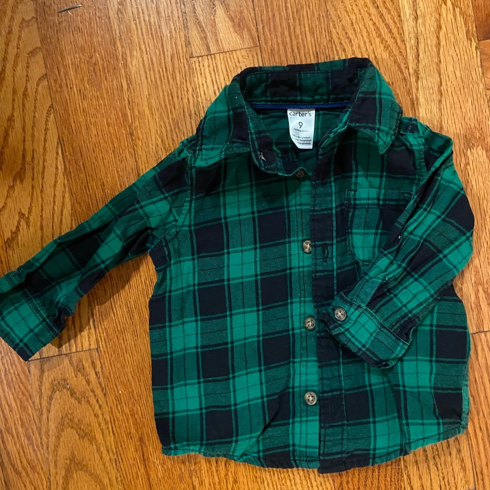 9mos green black holiday plaid baby shirt